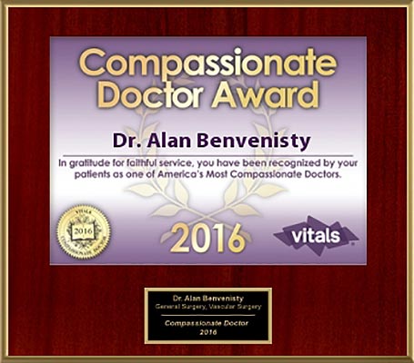 2016 Vitals Compassionate Doctor Award. This award recognizes Dr. Benvenisty as a doctor who always goes above and beyond to treat your patients with the utmost of kindness.