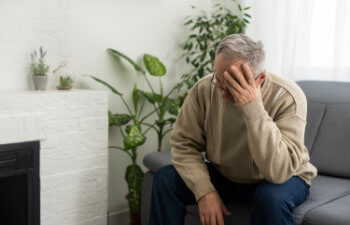 senior man having headache and touching his head while suffering from a migraine in the living room